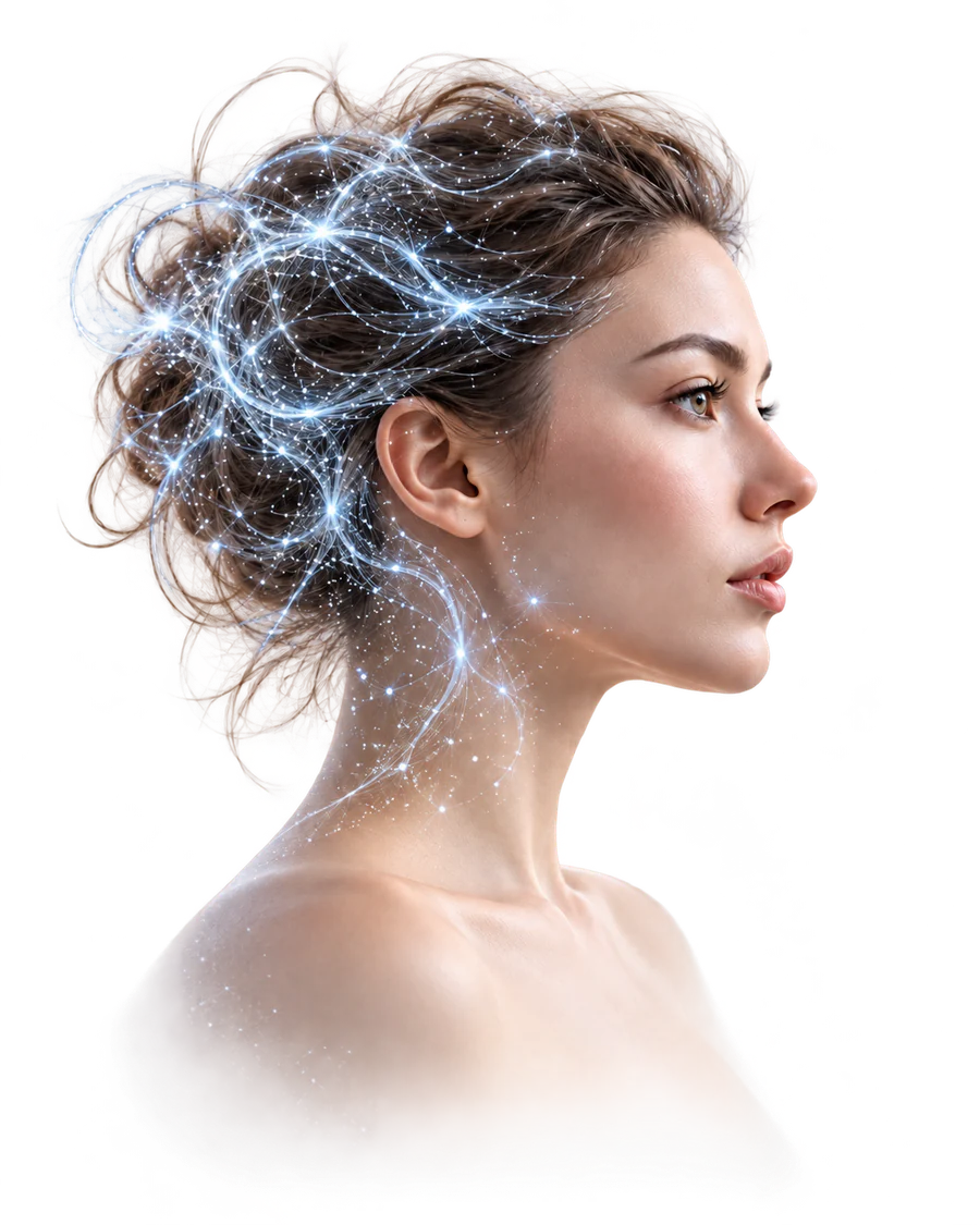 Retrato conceptual de una mujer con una red neuronal luminosa integrada